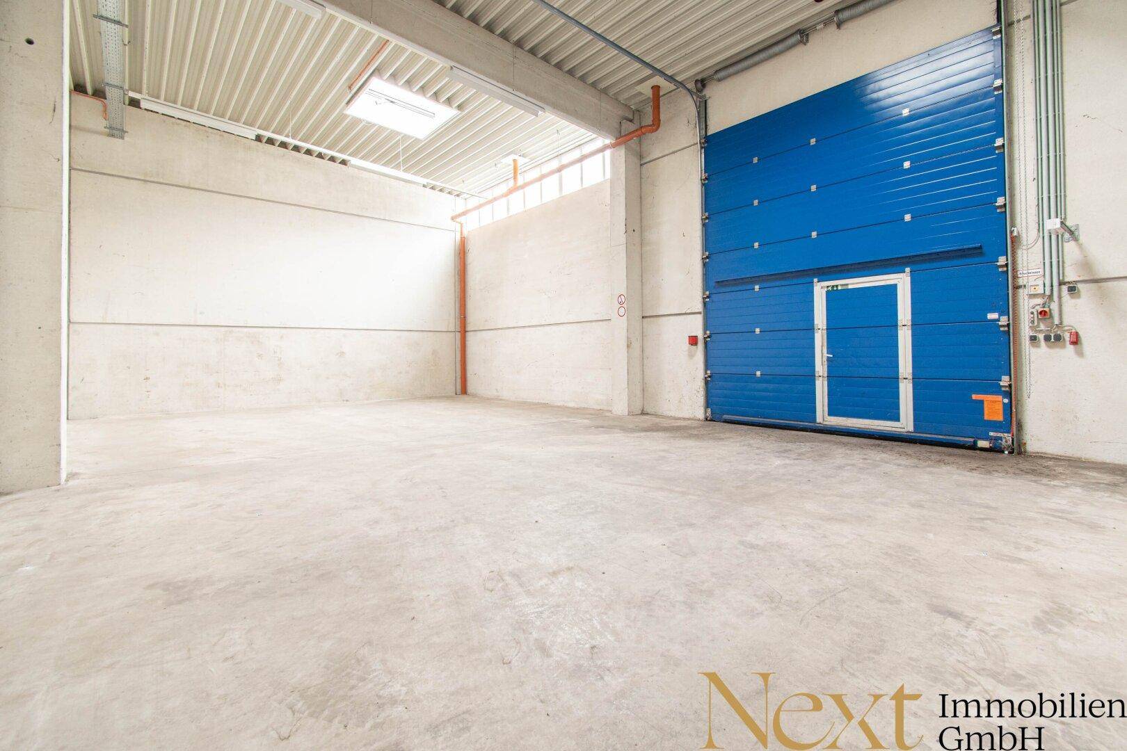 Leere Industriehalle mit Betonboden, hohen Decken und einem markanten blauen Rolltor mit integrierter Tür.