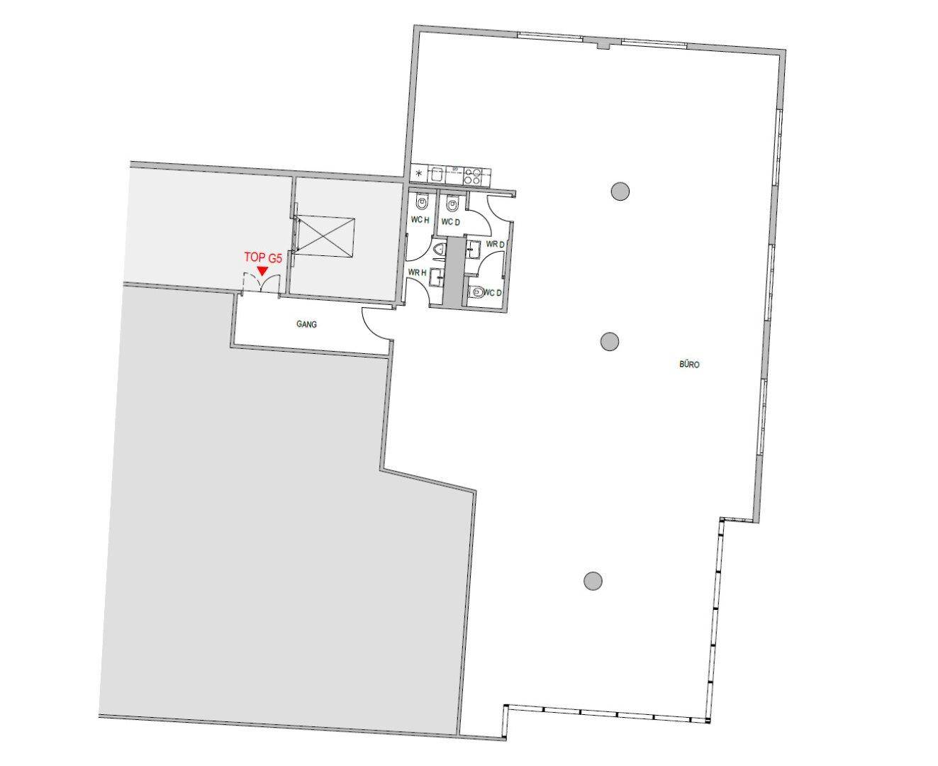 Grundriss eines Bürobereichs mit Toiletten und einem Flur, der die Raumaufteilung zeigt.