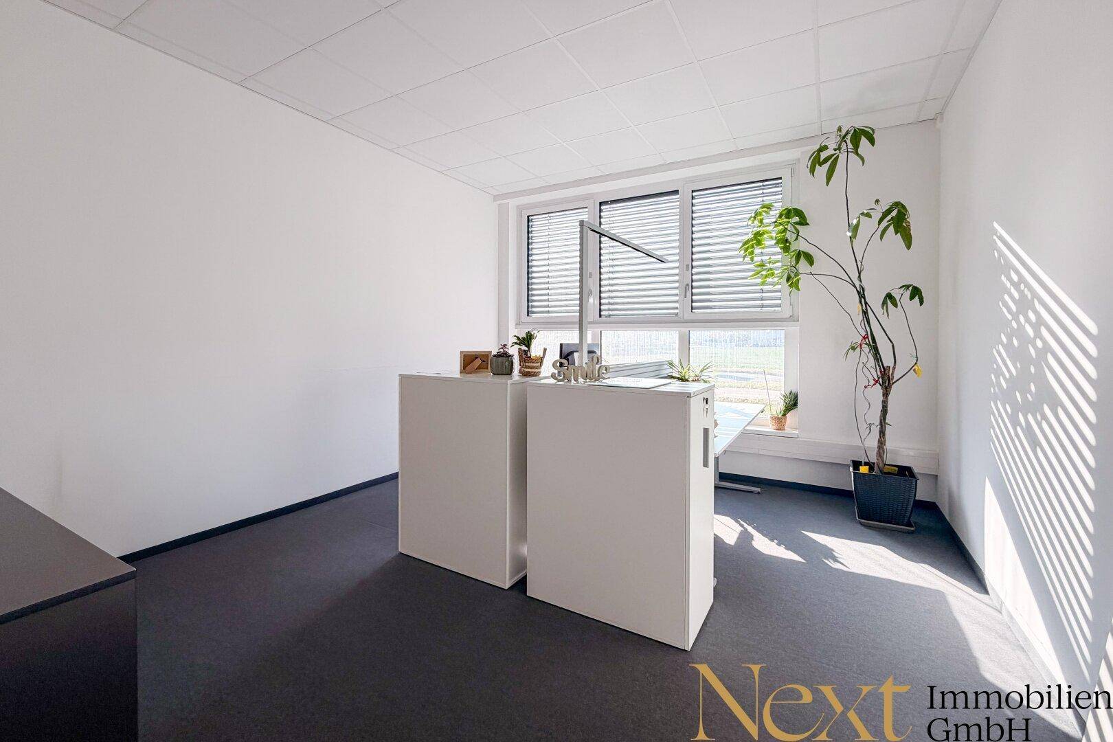 Helles Büro mit großen Fenstern, Jalousien und einem modernen Schreibtischbereich.