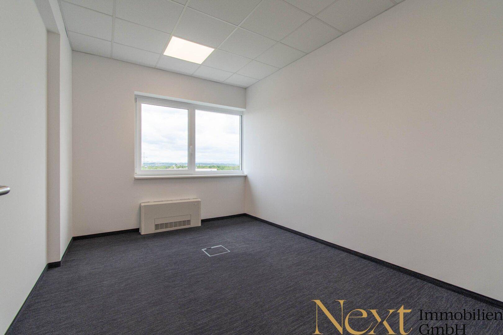 Helles Büro mit Teppichboden, einem Fenster und Heizkörper unter dem Fenster.