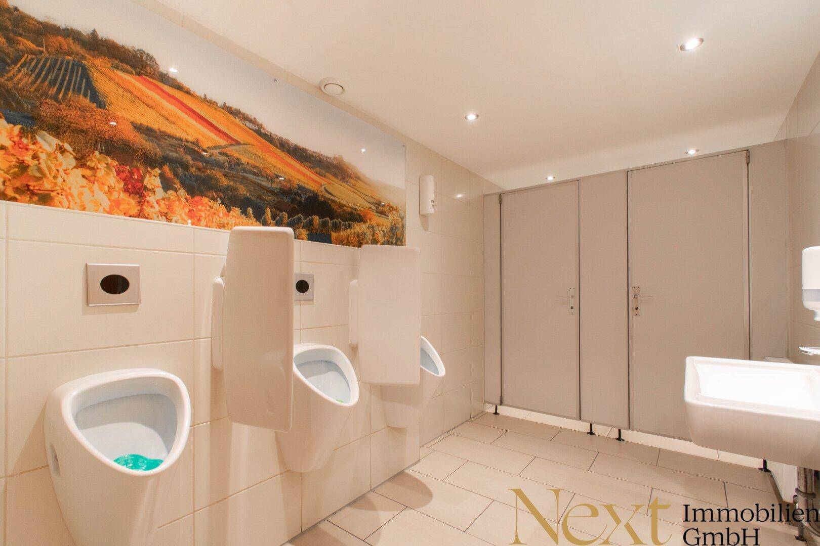 Herrenwaschraum mit Urinalen, gefliesten Wänden und einem Wandbild.