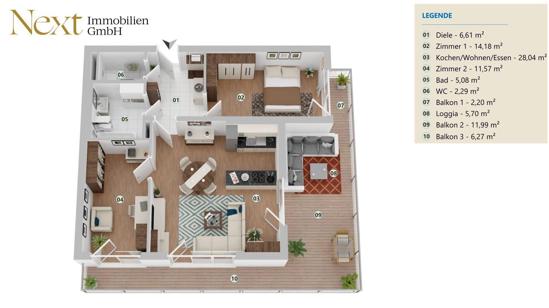 Detaillierter Grundriss einer modernen Wohnung mit offenem Wohnbereich, mehreren Balkonen und Loggia.