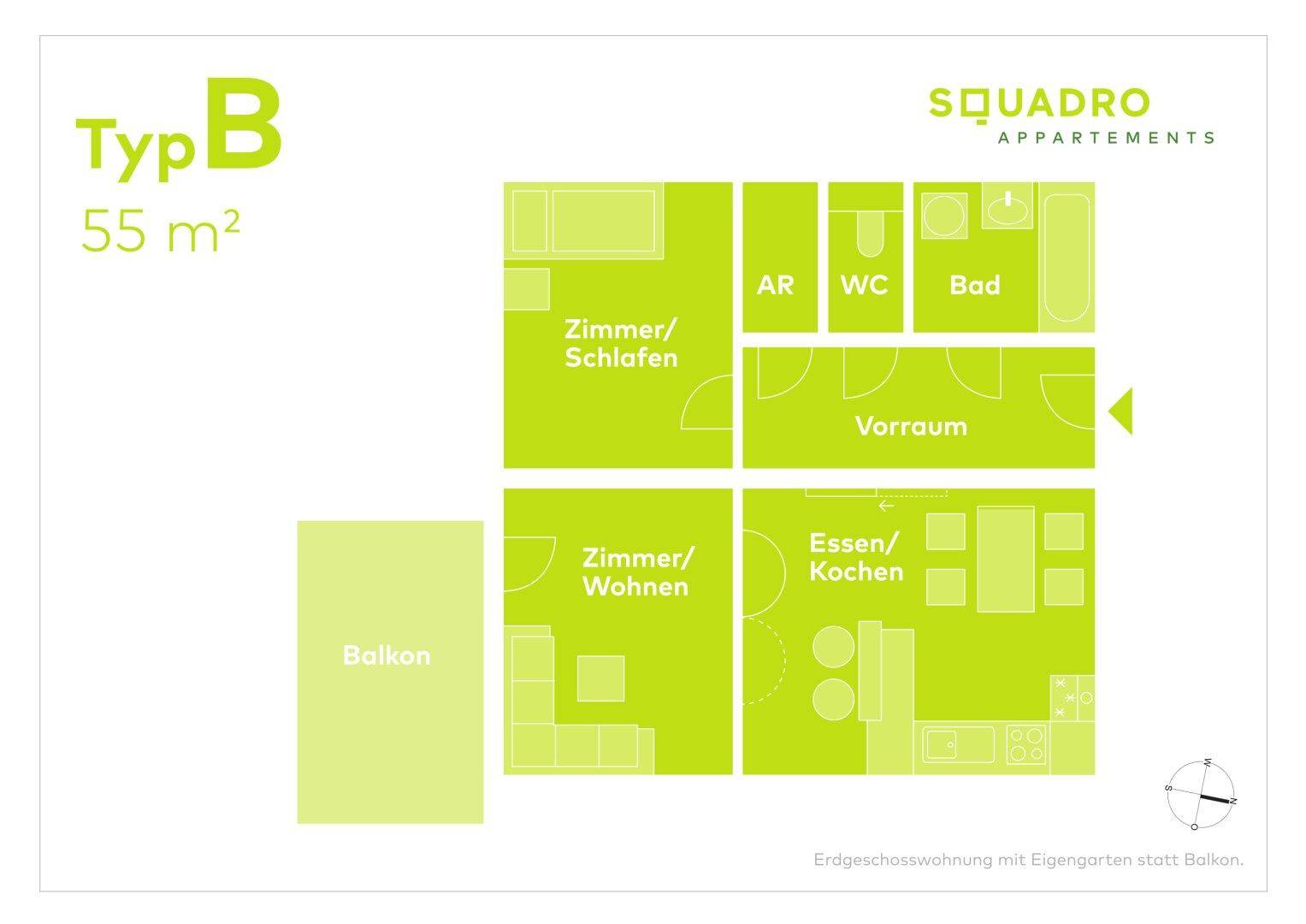 Grundriss Typ B mit 55 m² zeigt Zimmer, Bad, WC und Balkon.
