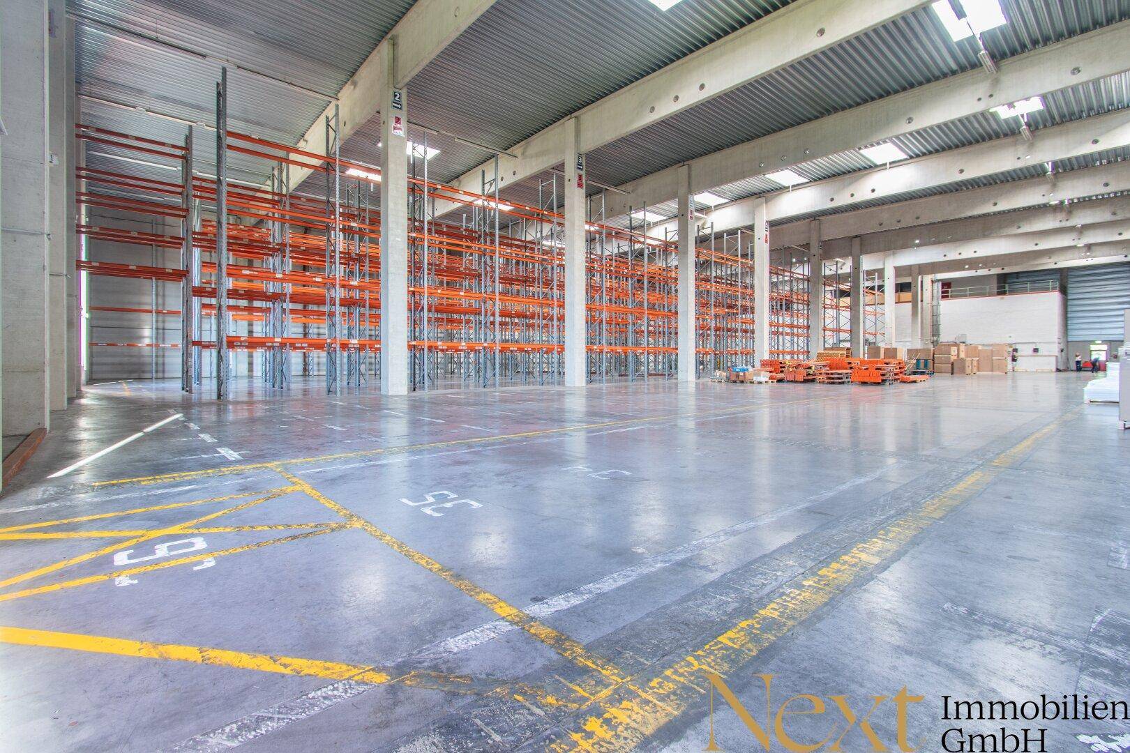 Weitläufige Lagerfläche mit Betonboden, gelben Markierungen und hohen Regalen für effiziente Logistik.