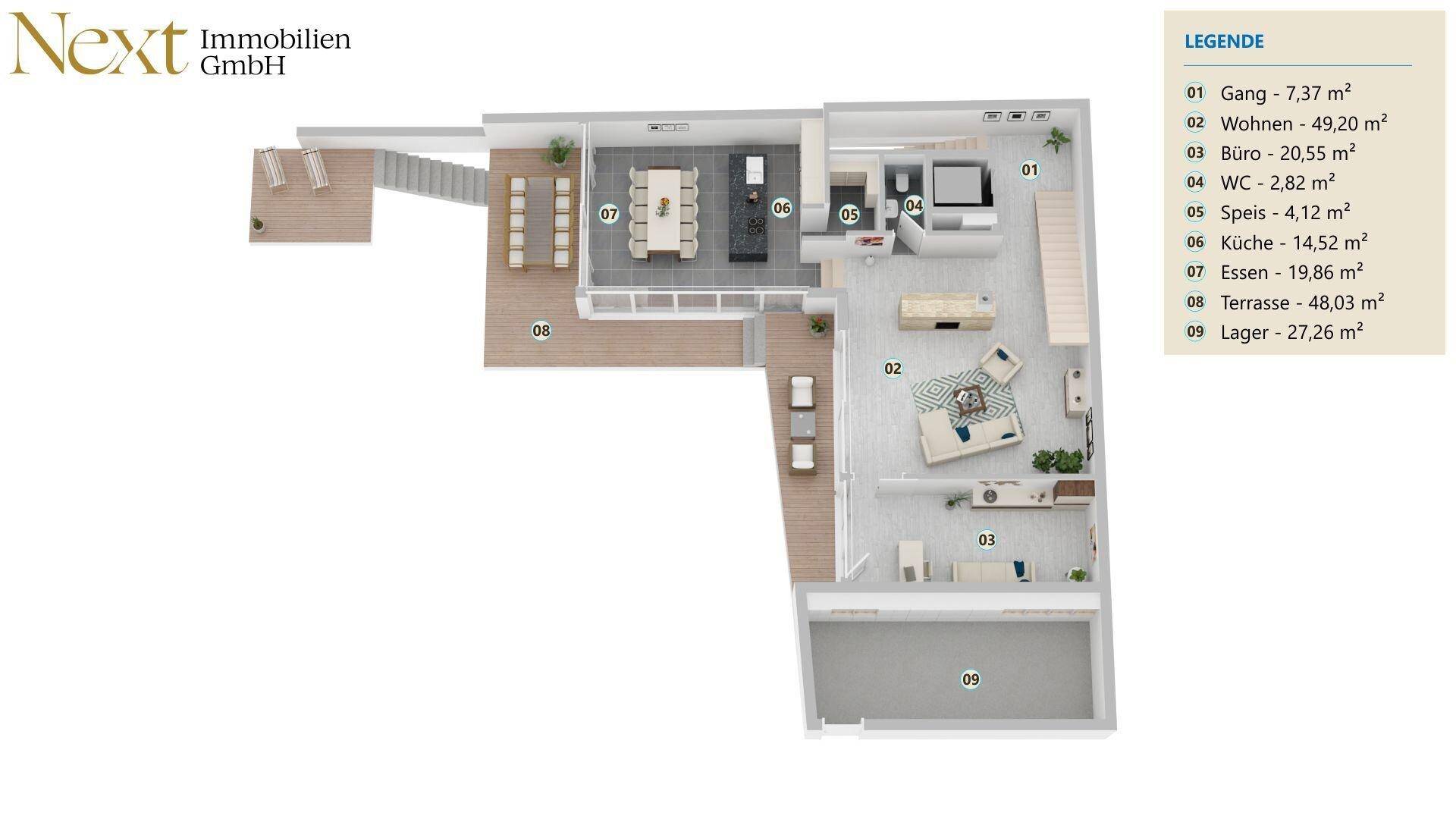 Grundriss des Erdgeschosses mit offenem Wohn-Essbereich, Küche, Büro und großer Terrasse.
