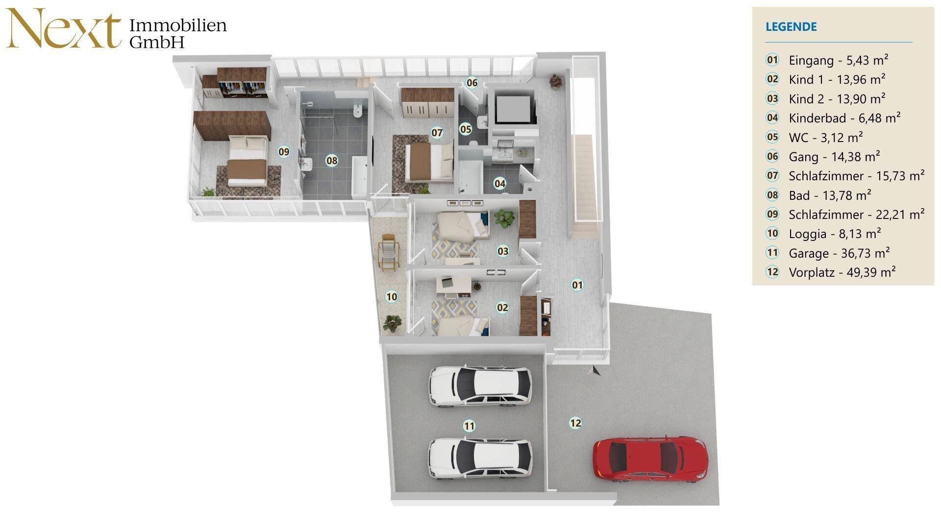 Grundriss des Obergeschosses mit drei Schlafzimmern, zwei Bädern, einer Loggia und Garage.
