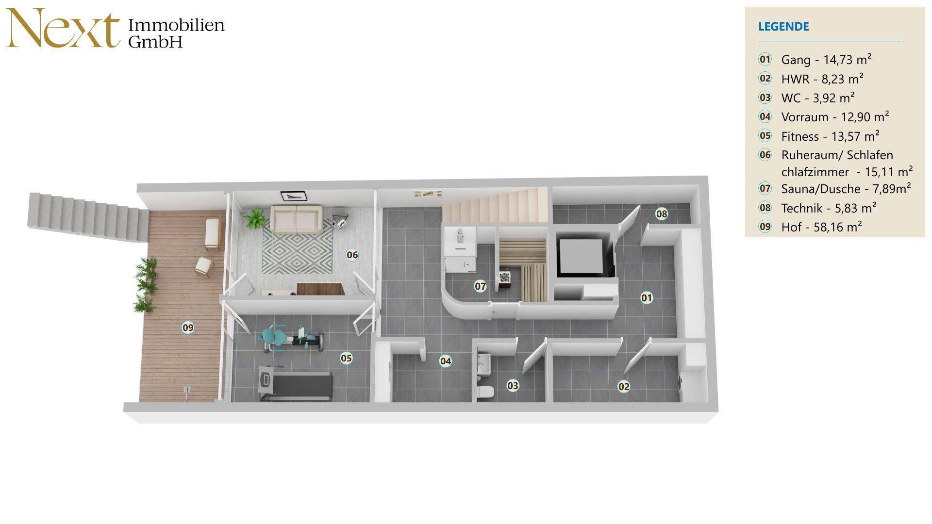 Grundriss des Untergeschosses mit Fitnessraum, Sauna, Ruheraum und einem Hofbereich.