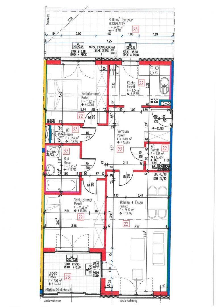 Detaillierter Grundriss einer Wohnung mit mehreren Zimmern, Balkon und Loggia.