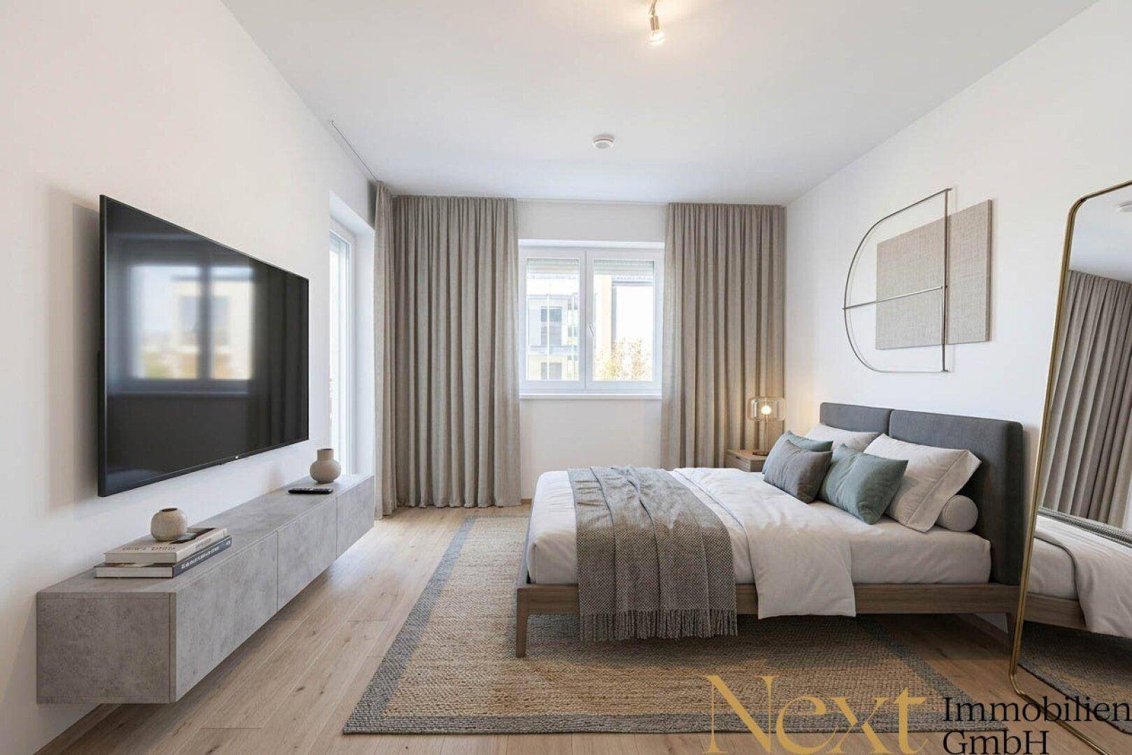 Helles Schlafzimmer mit Holzboden, großem Fenster und moderner Einrichtung, die zum Entspannen einlädt.