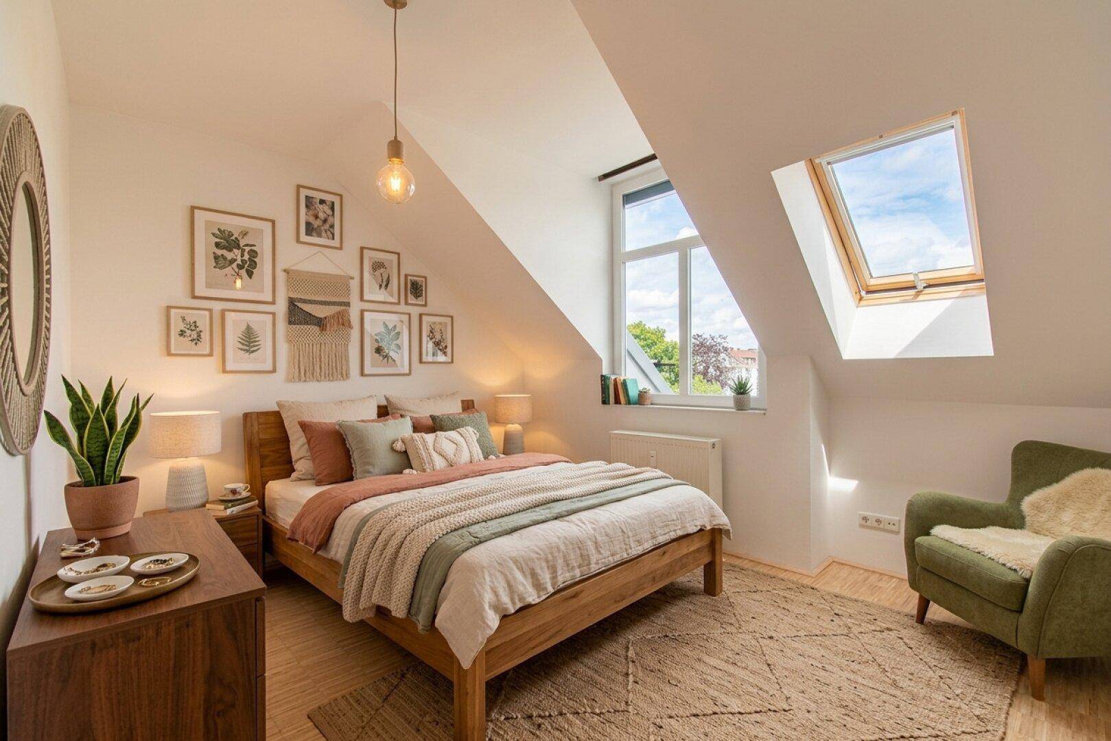 Helles Schlafzimmer mit Holzboden, Dachschräge, Fenster und Dachfenster, gemütlich eingerichtet im Boho-Stil.