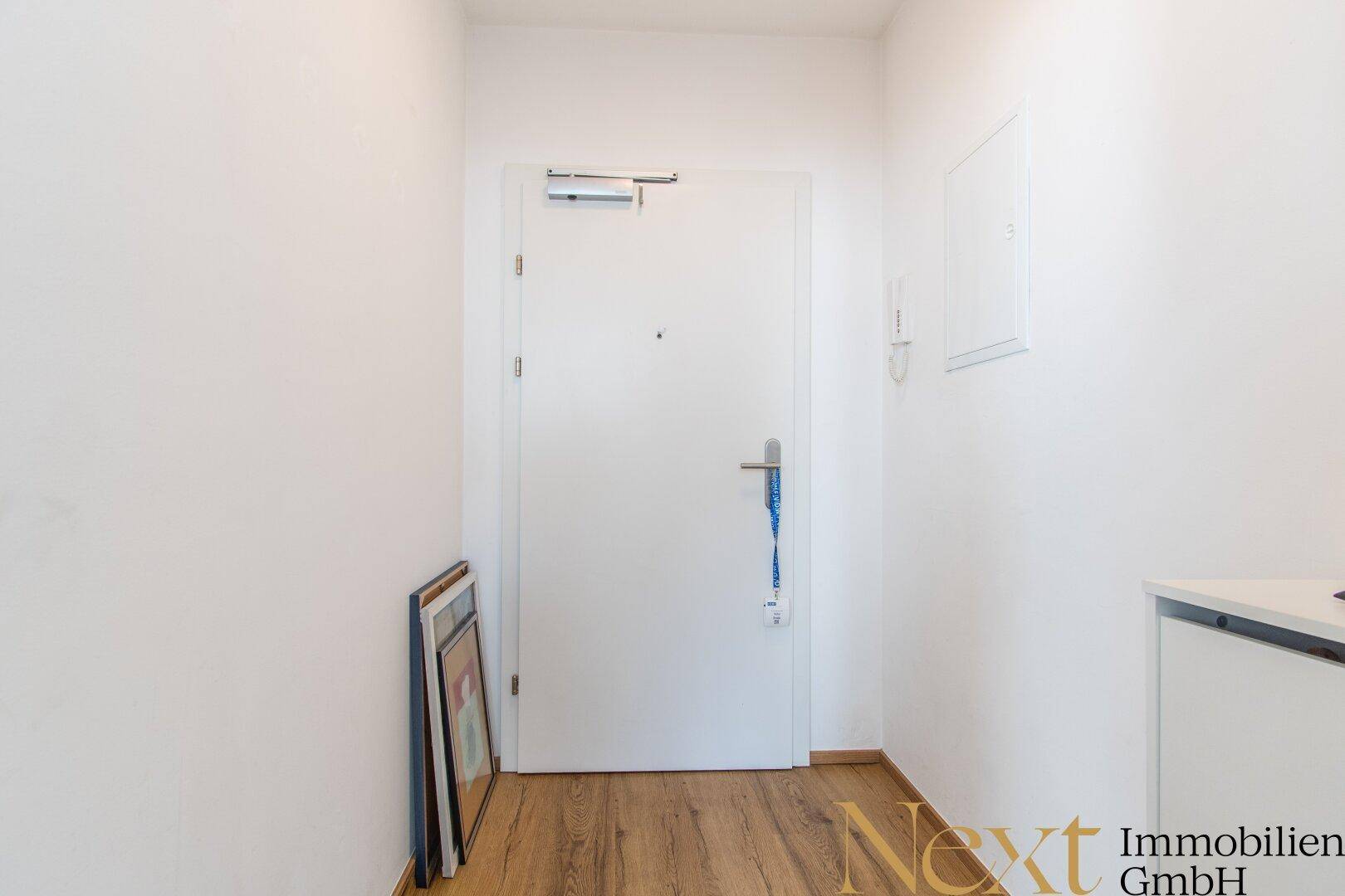 Heller Eingangsbereich mit weißer Tür und Laminatboden.