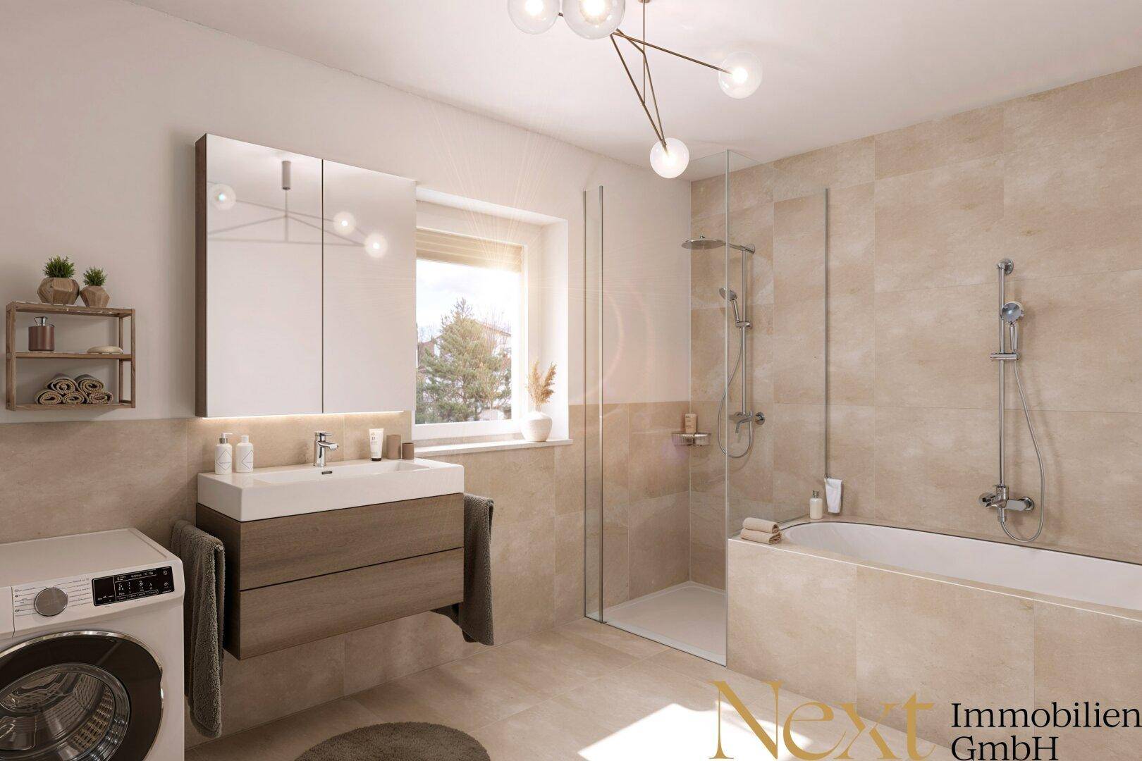 Modernes Badezimmer mit Badewanne, ebenerdiger Dusche, Waschmaschine und Fenster.