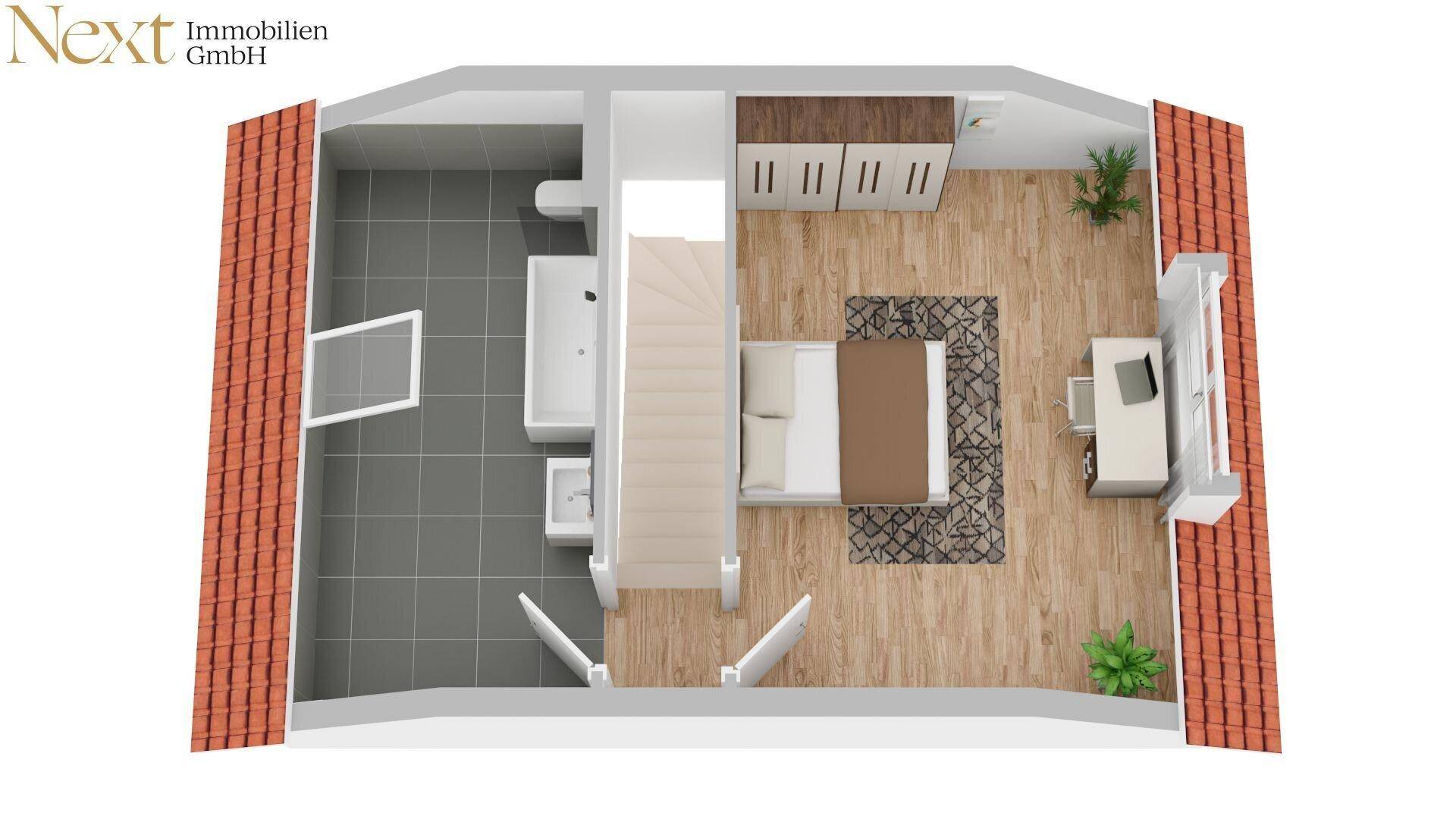 Dachgeschoss-Grundriss mit Schlafzimmer, Bad, Treppe und Dachschrägen, bietet eine gemütliche Wohnatmosphäre.