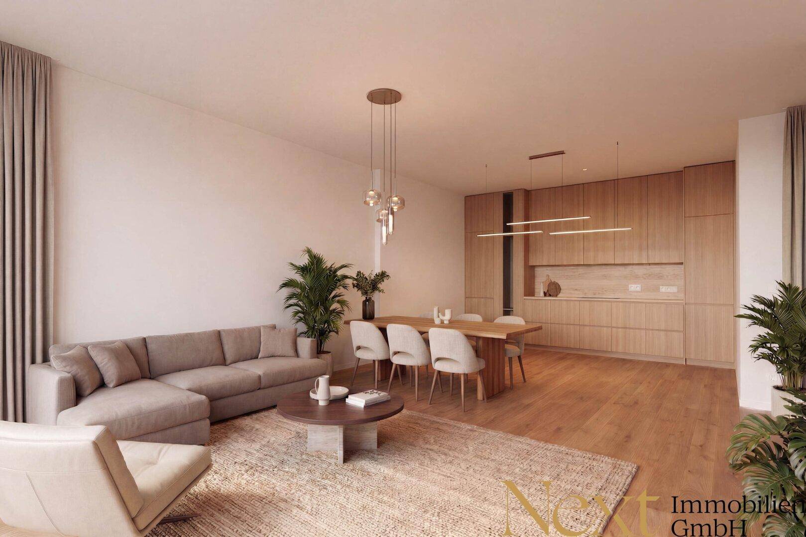 Helles, offenes Wohn-Esszimmer mit Holzboden und moderner Einrichtung.