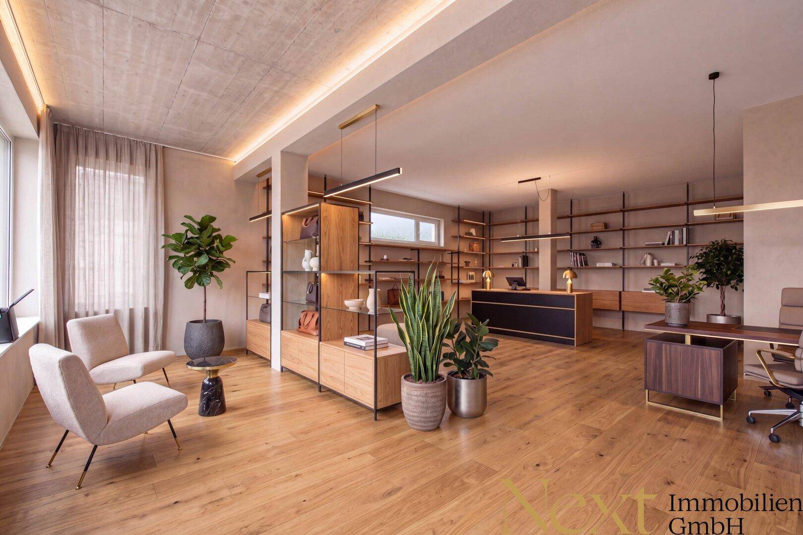 Modernes Büro mit Holzboden, Sichtbetondecke und stilvollen Möbeln, gut beleuchtet durch natürliche Lichtquellen.