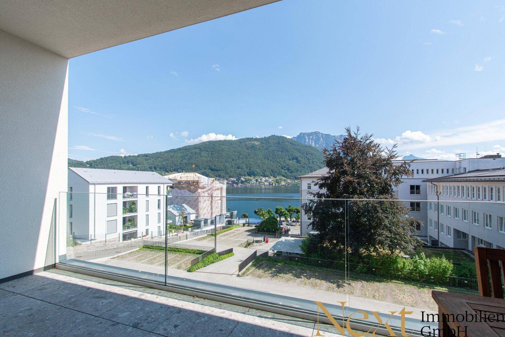 Weitläufiger Seeblick mit Bergen und umliegenden Gebäuden von der Terrasse aus.