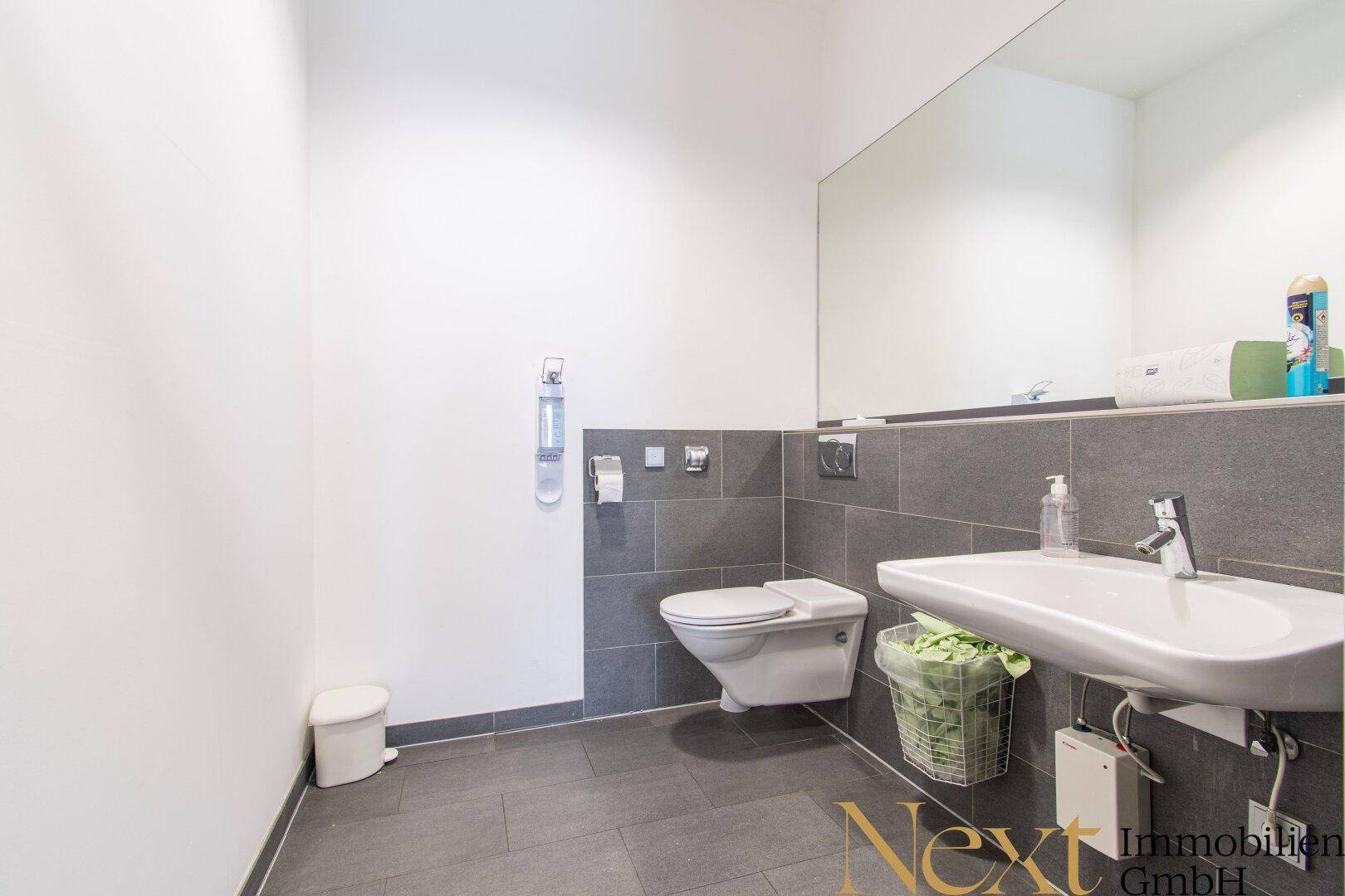 Modernes Badezimmer mit Wand-WC, Waschbecken und großem Spiegel, in neutralen Grautönen gehalten.