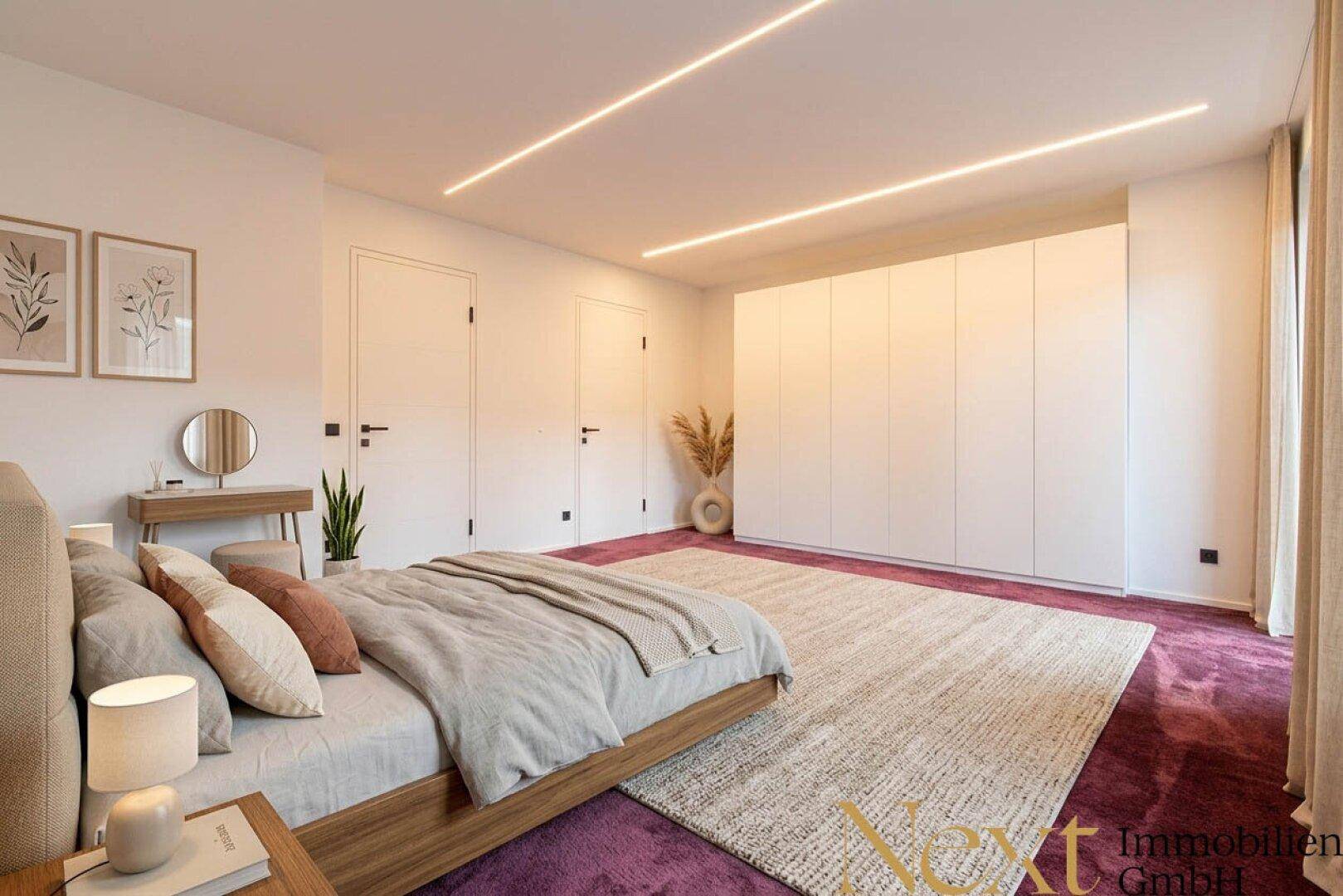 Helles Schlafzimmer mit großem Einbauschrank, lila Teppichboden und modernem Bett.