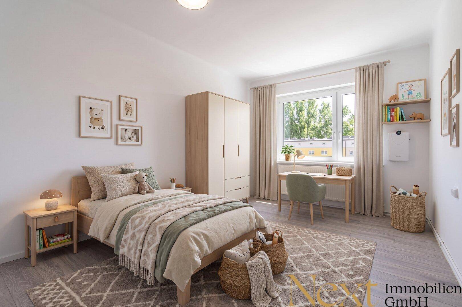 Freundliches Kinderzimmer mit Bett, Schreibtisch, Kleiderschrank und Blick ins Grüne.