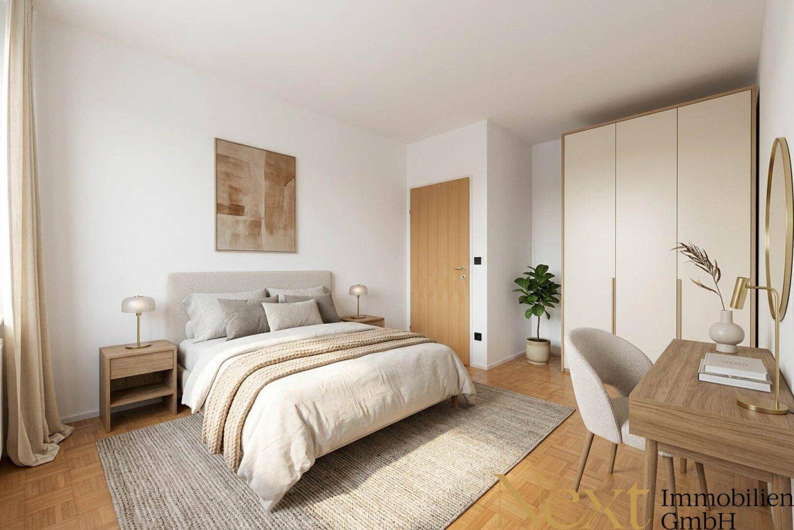 Modernes Schlafzimmer mit Doppelbett, Holzboden und großem Kleiderschrank, hell und einladend.