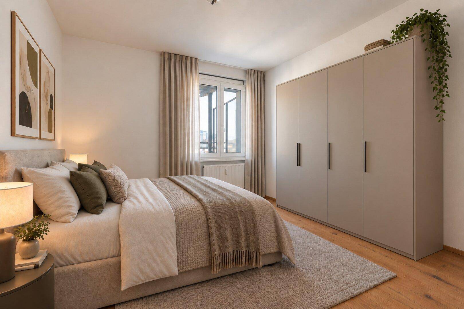 Helles Schlafzimmer mit Doppelbett, Nachttischen, großem Kleiderschrank und Holzboden.