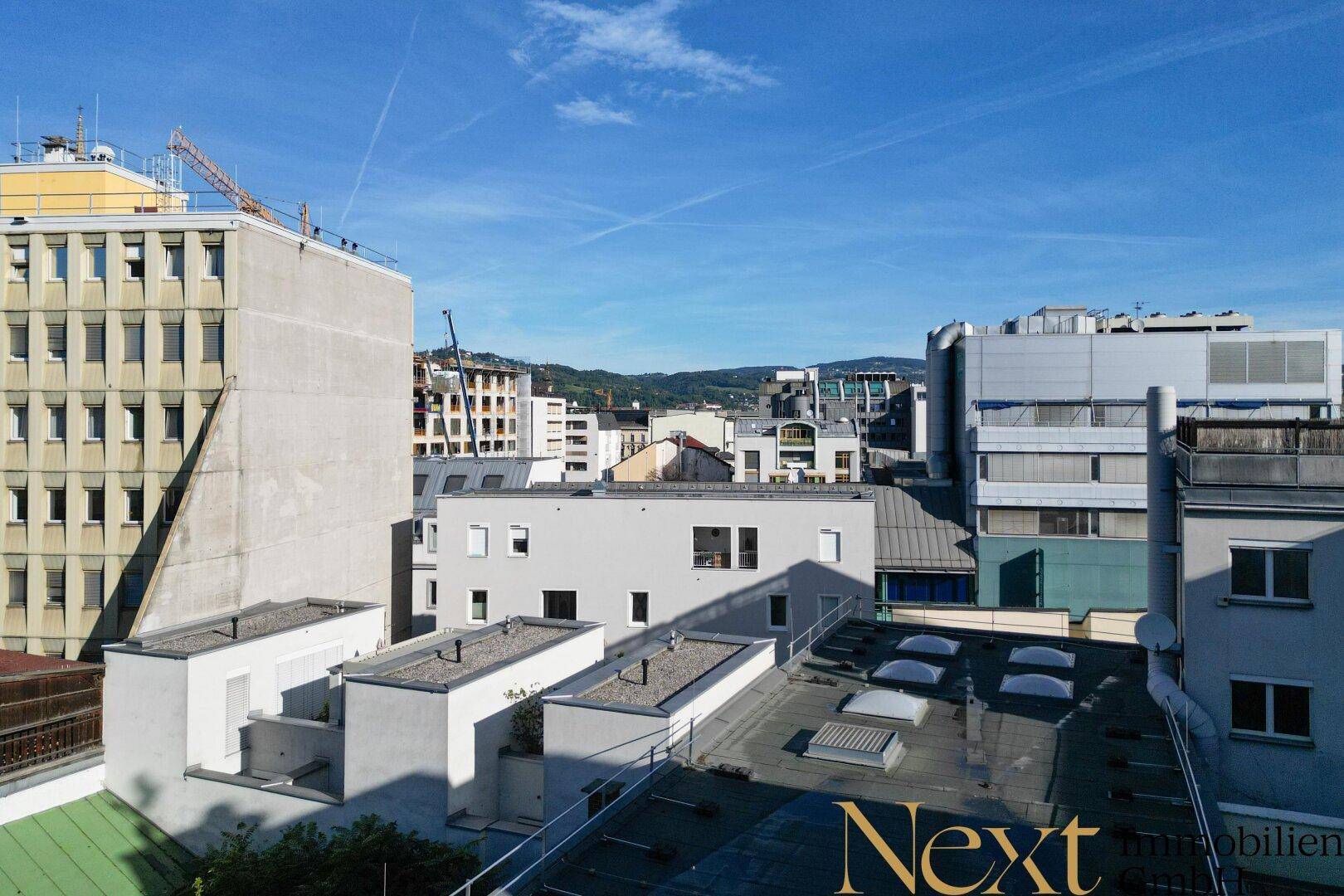 Panoramablick über die Dächer der Stadt mit verschiedenen Gebäudetypen und Himmel.