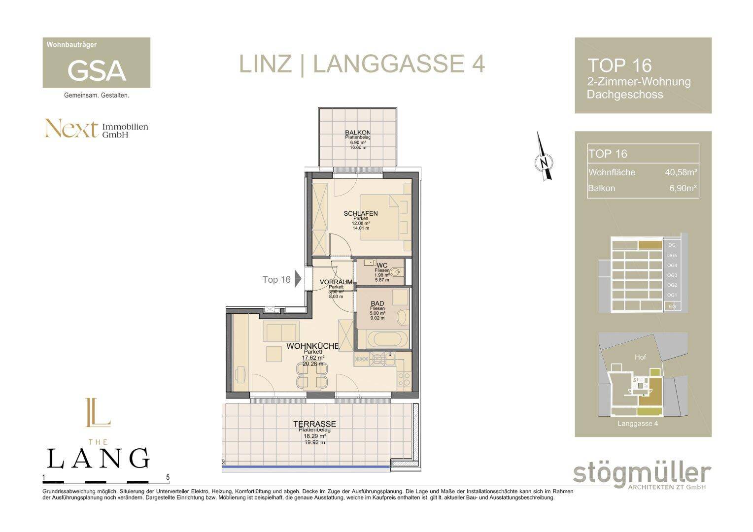 Grundriss einer 2-Zimmer-Wohnung im Dachgeschoss mit Balkon und Terrasse.