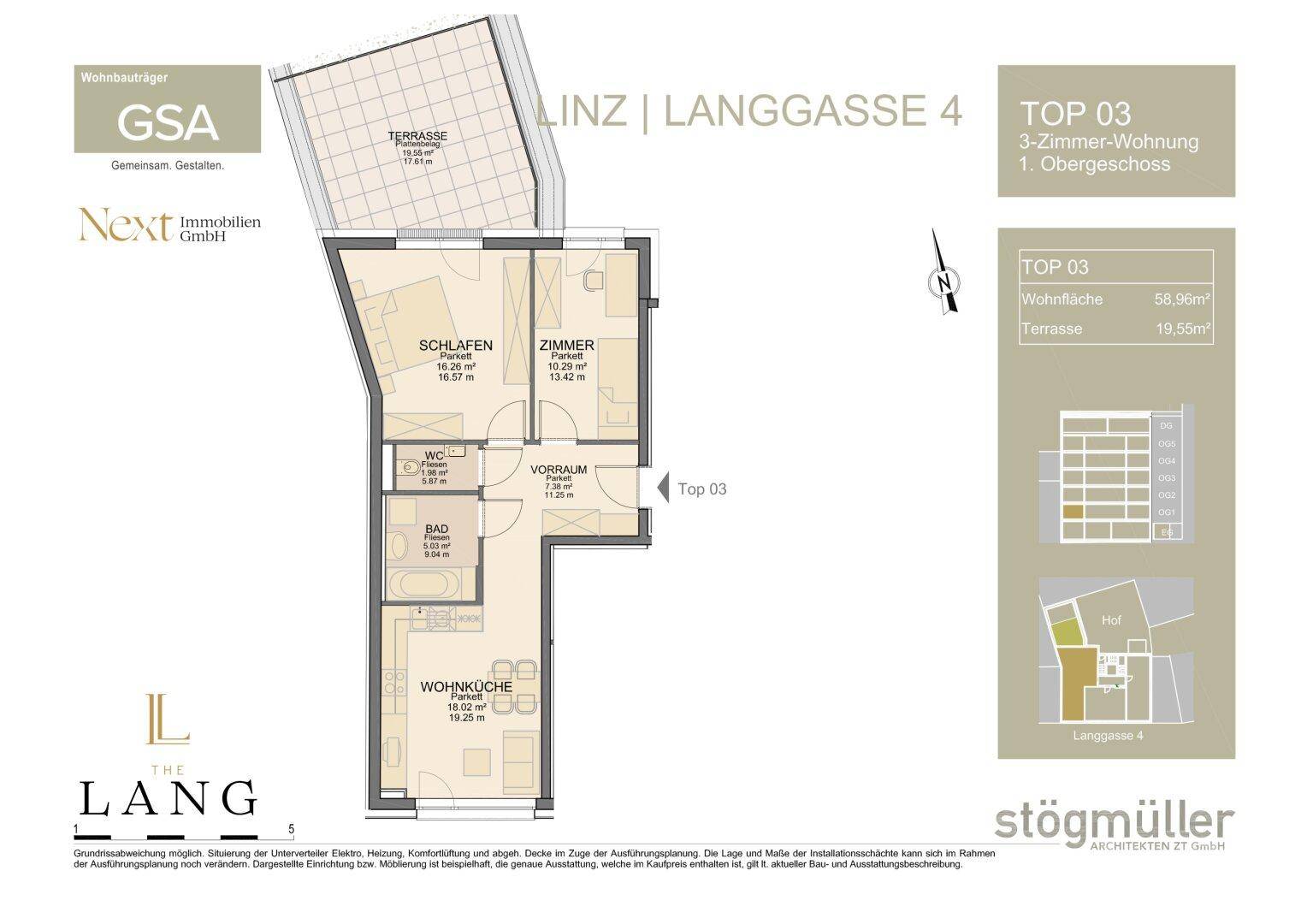 Grundriss einer 3-Zimmer-Wohnung im ersten Obergeschoss mit Terrasse und offener Wohnküche.