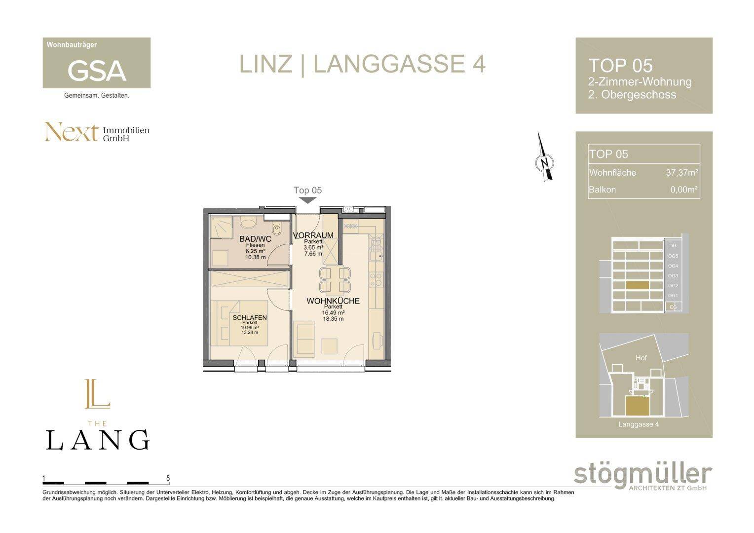 Grundriss der 2-Zimmer-Wohnung Top 05 mit offener Wohnküche, Schlafzimmer und Bad.