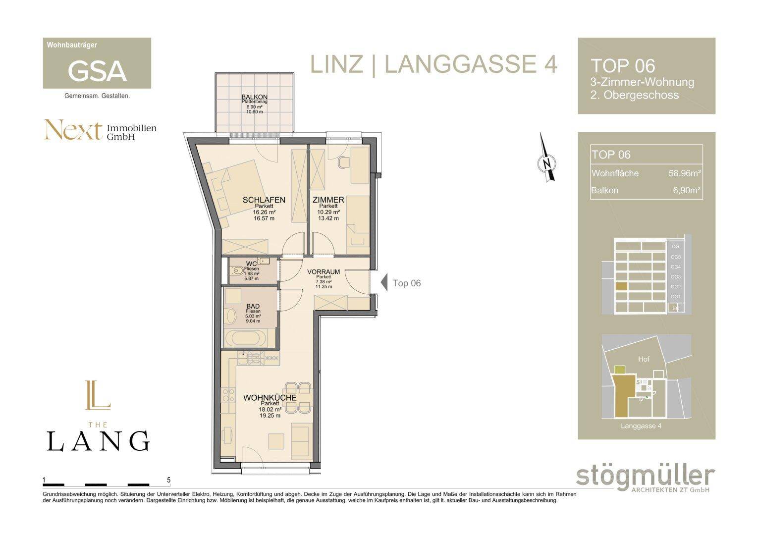 Grundriss einer 3-Zimmer-Wohnung im zweiten Obergeschoss mit Balkon.