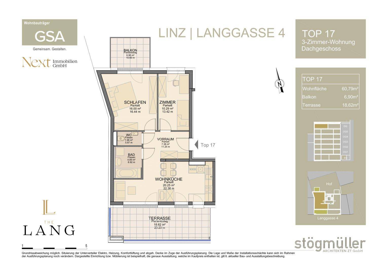 Grundriss einer 3-Zimmer-Wohnung im Dachgeschoss mit Balkon und großer Terrasse.