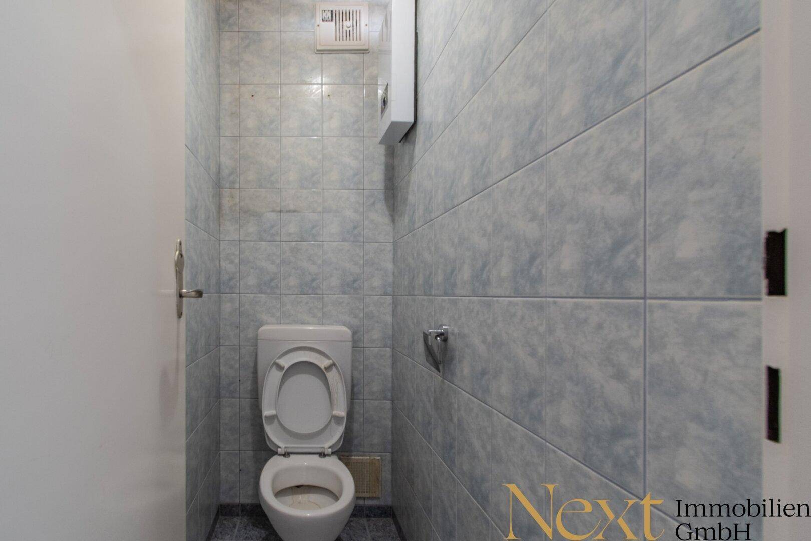 Gäste-WC mit blauen Fliesen und Toilette.