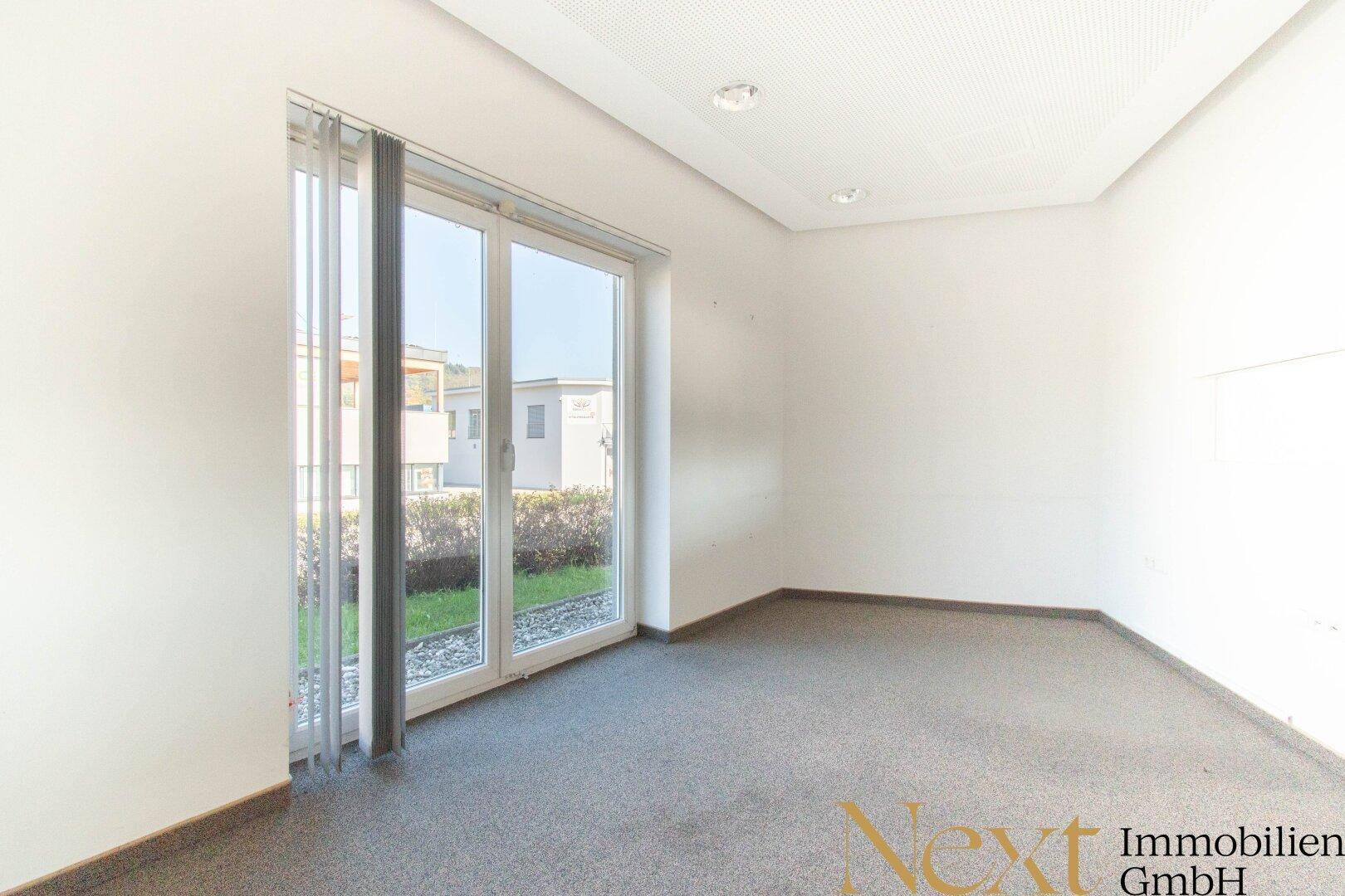 Ruhiger Büroraum mit Teppichboden und großem Fenster mit Blick ins Grüne, ideal für konzentriertes Arbeiten.