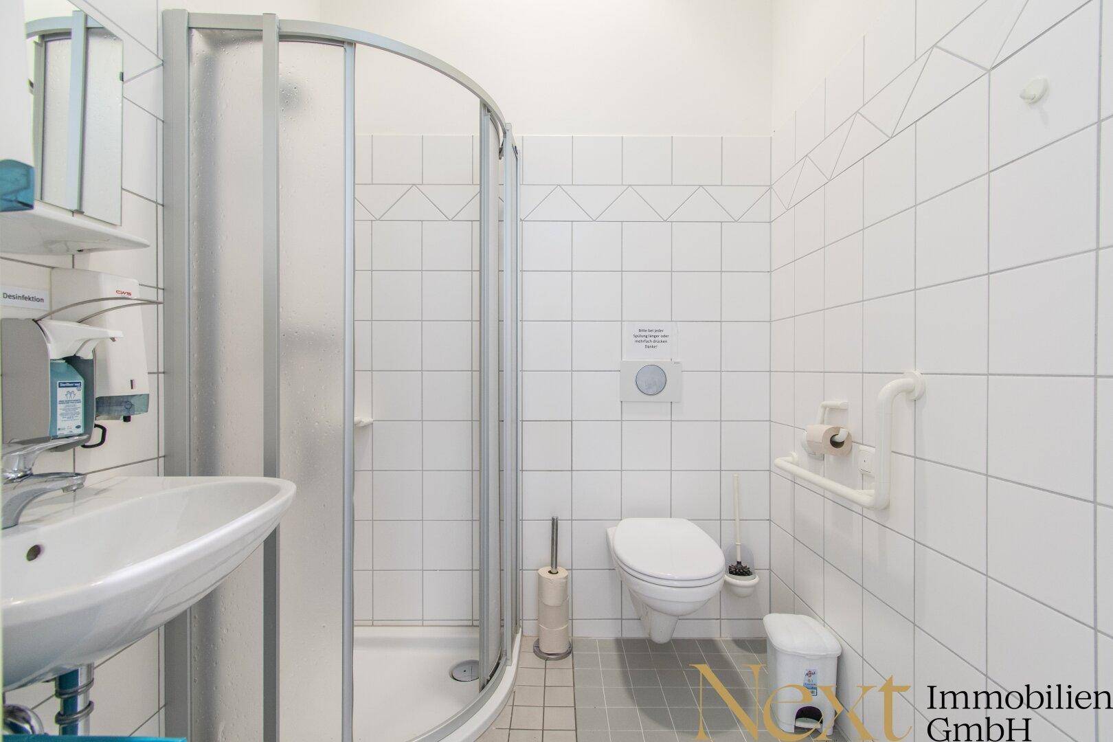 Barrierefreies Badezimmer mit Dusche, WC, Waschbecken und Haltegriffen.