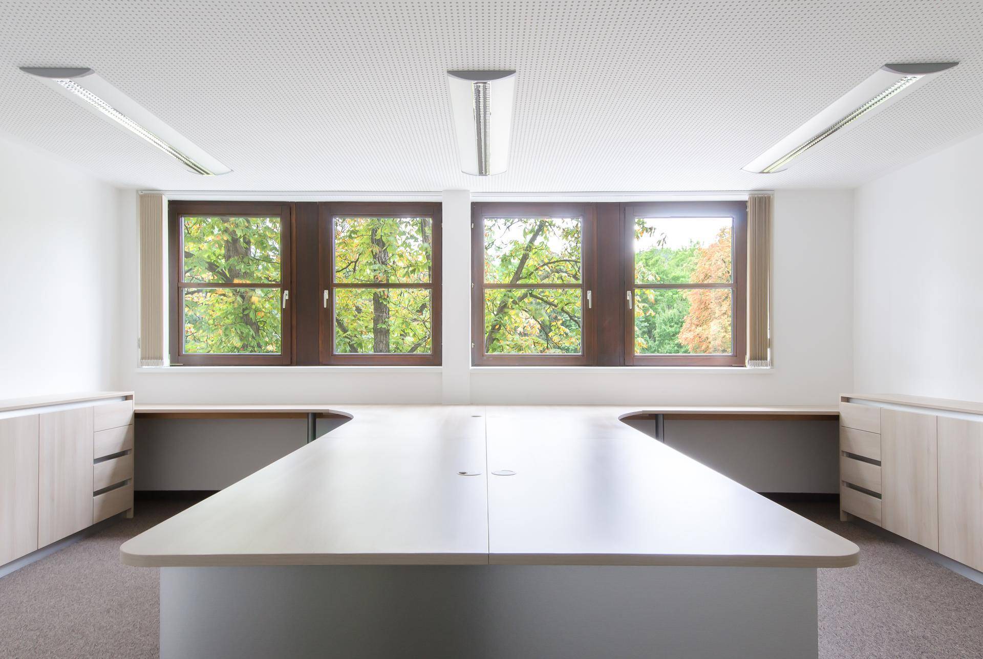 Ein heller Besprechungsraum mit großem Tisch, Teppichboden und Fenstern mit Blick ins Grüne.