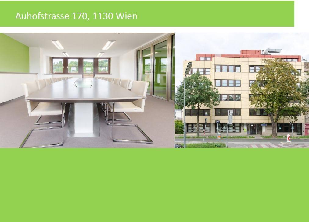 Eine Collage mit einem Besprechungsraum und der Außenansicht des modernen Bürogebäudes.