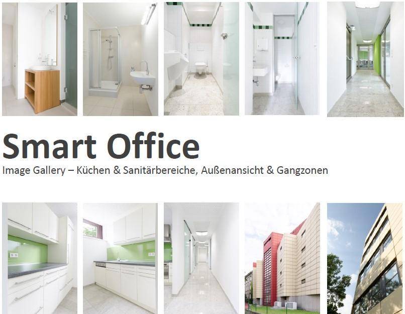 Collage mit Detailansichten von Bädern, Küchen, Fluren und der modernen Außenfassade des Gebäudes.