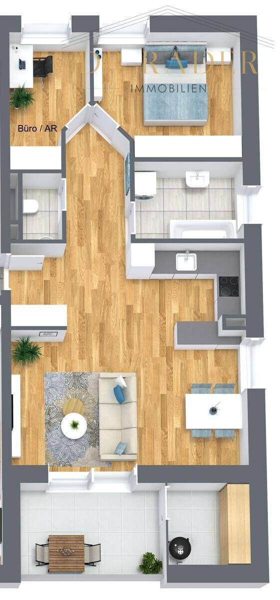 Detaillierter Grundriss einer Wohnung mit mehreren Zimmern und Balkon.