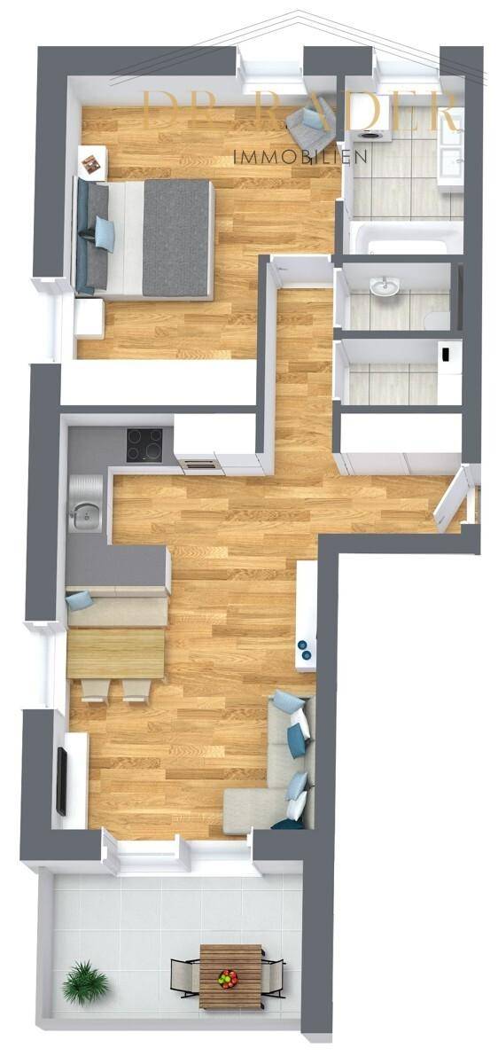 Grundriss einer Wohnung mit Schlafzimmer, Bad, offener Küche und Balkon.