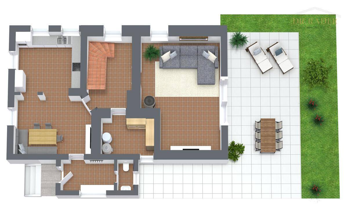 Grundriss des Erdgeschosses mit Wohnbereich, Küche und großer Terrasse.