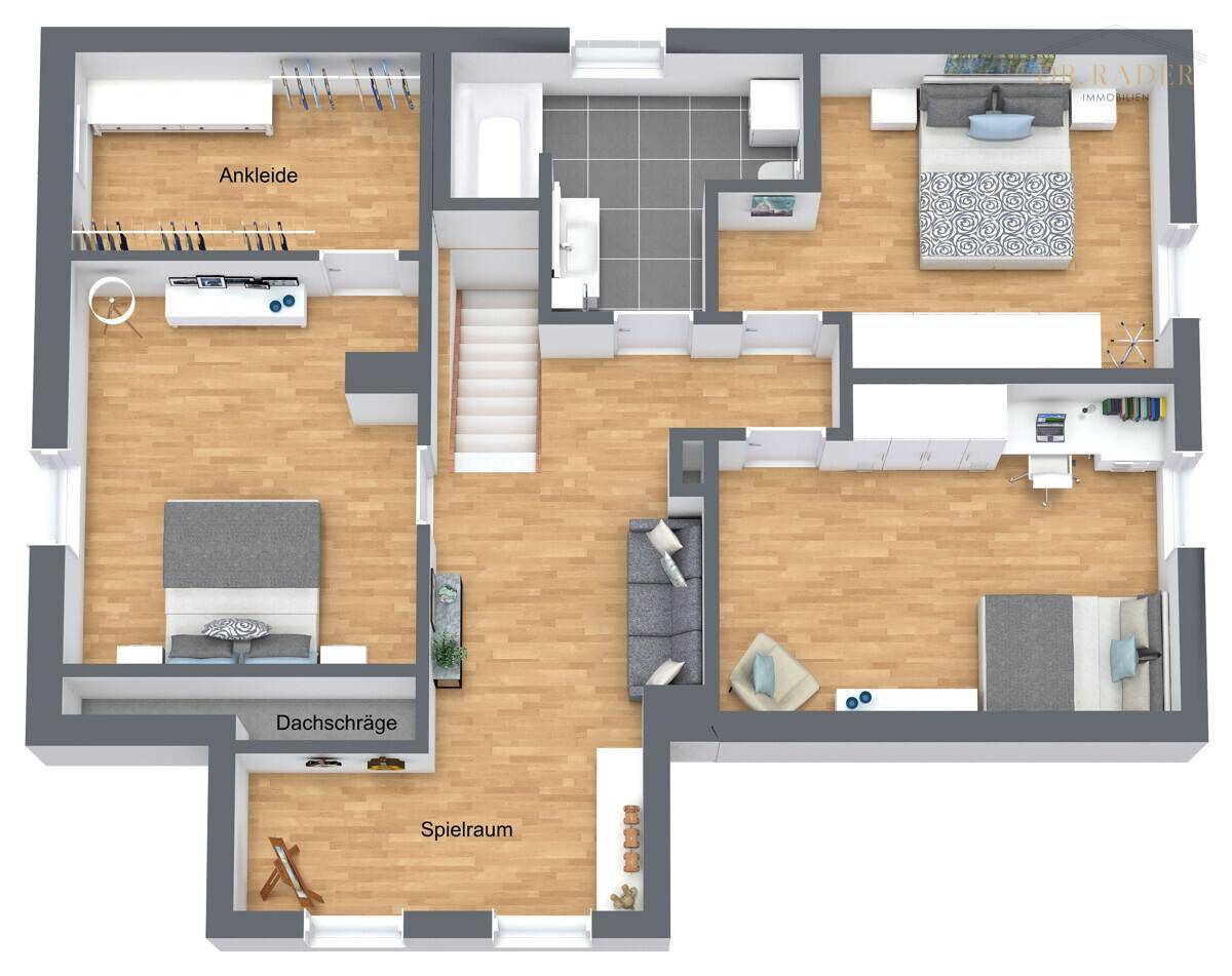 Grundriss des Obergeschosses mit drei Schlafzimmern, Ankleide und Spielzimmer.