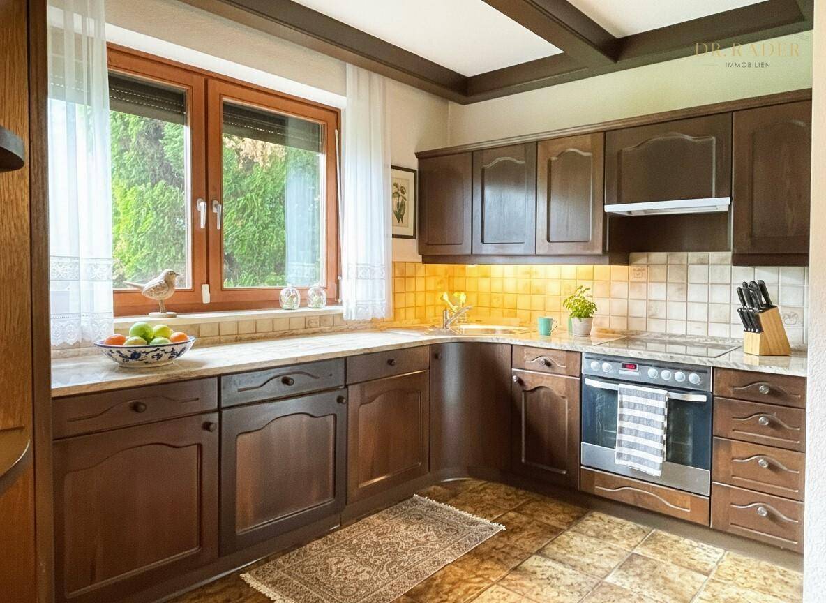 Traditionelle Küche mit dunklen Holzschränken, Fliesenboden und Fenster mit Gartenblick.