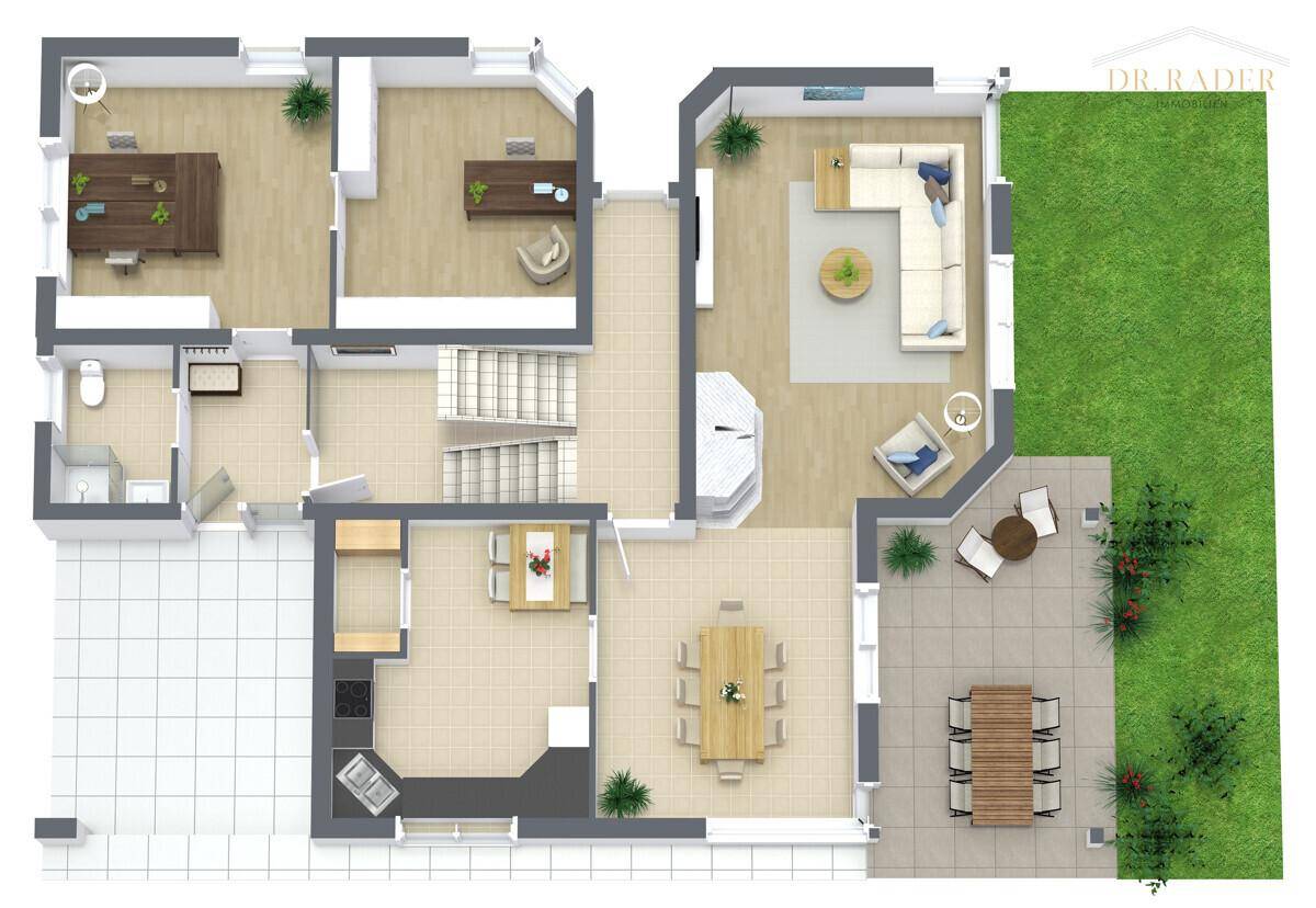 Grundriss des Erdgeschosses mit Wohnbereich, Esszimmer, Küche und Terrasse.