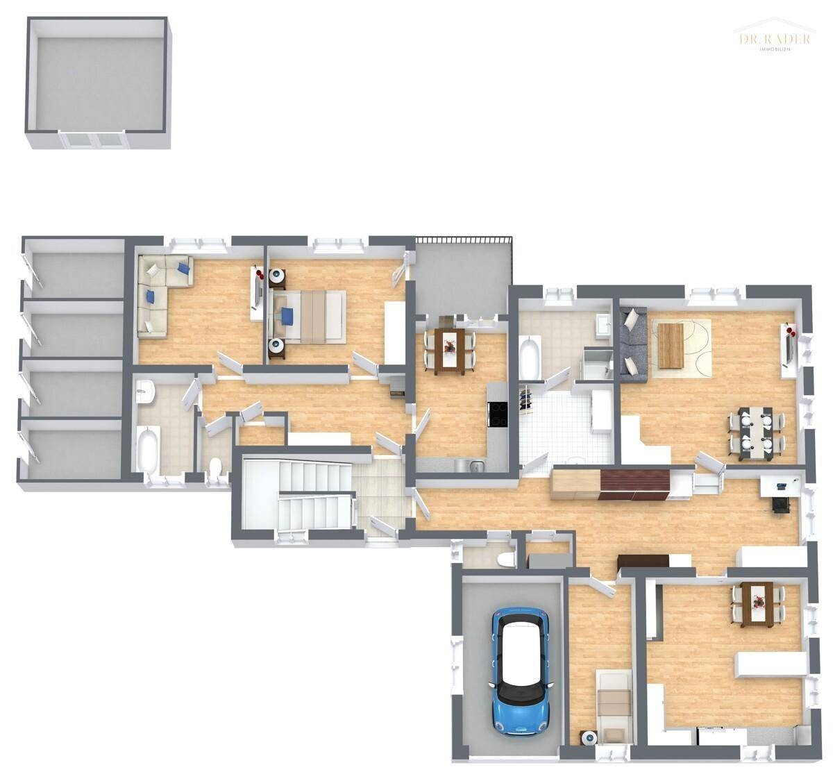 Übersichtlicher Grundriss mit Garage, mehreren Zimmern und Bädern.