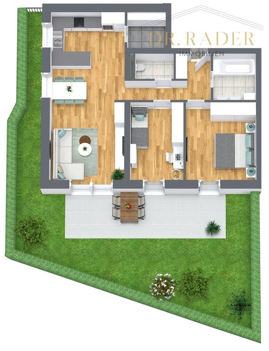 Detaillierter Grundriss mit offenem Wohnbereich, zwei Schlafzimmern und Garten.