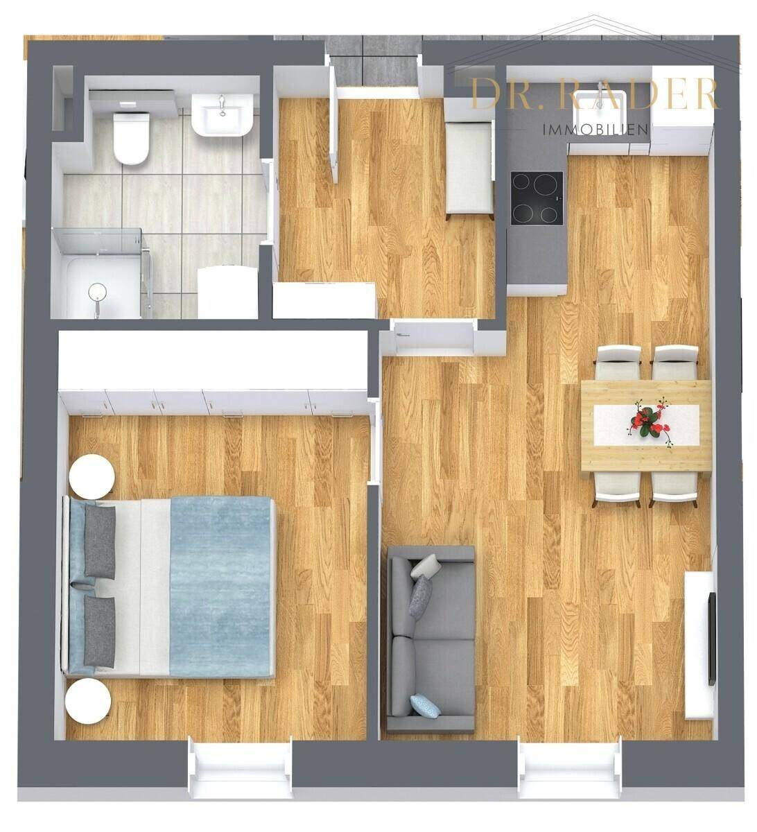 Grundriss einer modernen Wohnung mit offenem Wohn-Essbereich, Schlafzimmer und Badezimmer.