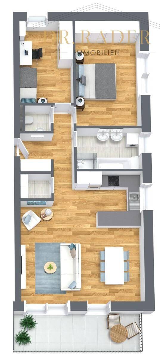 Detaillierter Grundriss einer Wohnung mit zwei Schlafzimmern, offenem Wohnbereich und Balkon.