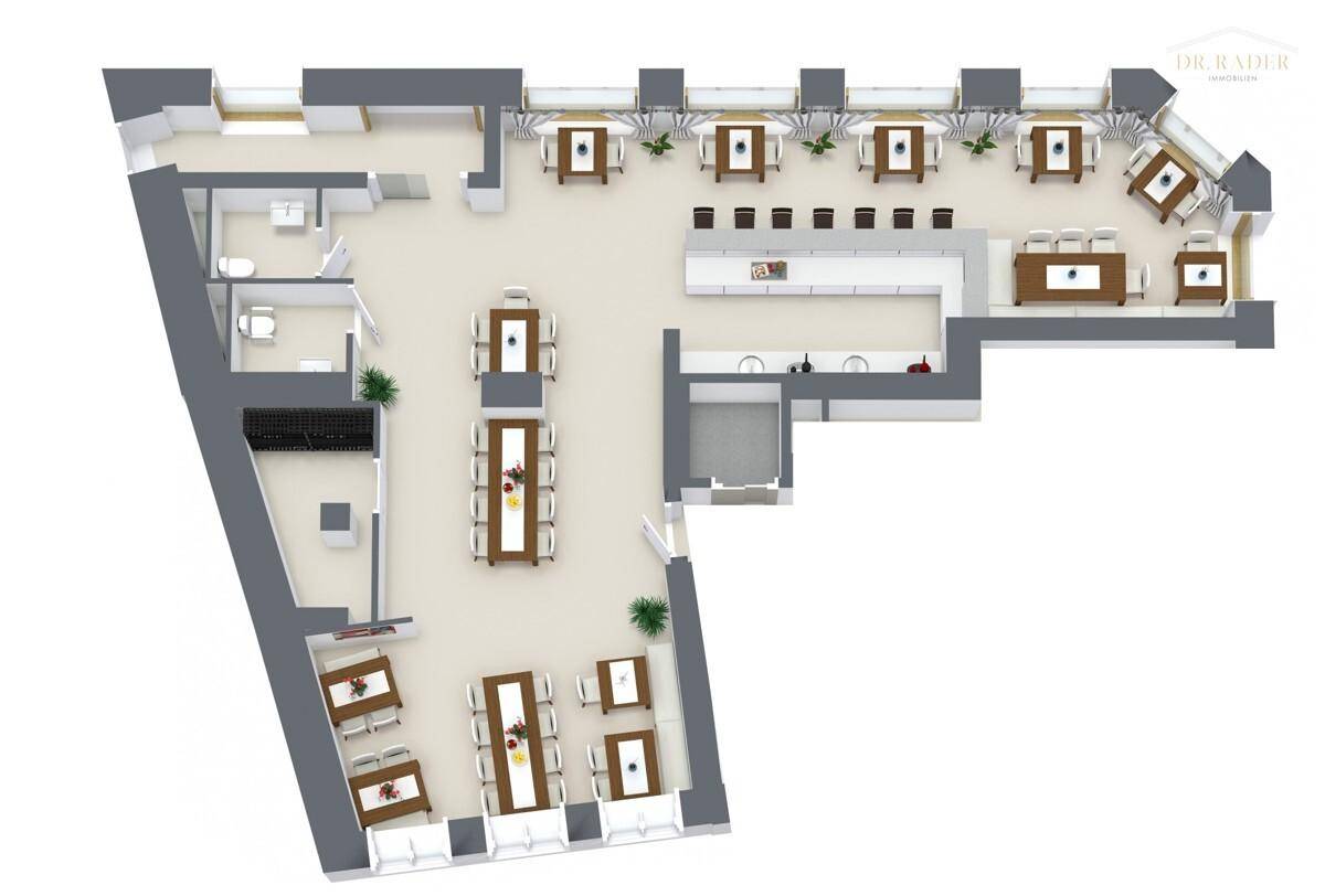 Detaillierter Grundriss eines großen Gewerberaums, eingerichtet als Restaurant mit Küche und Toiletten.