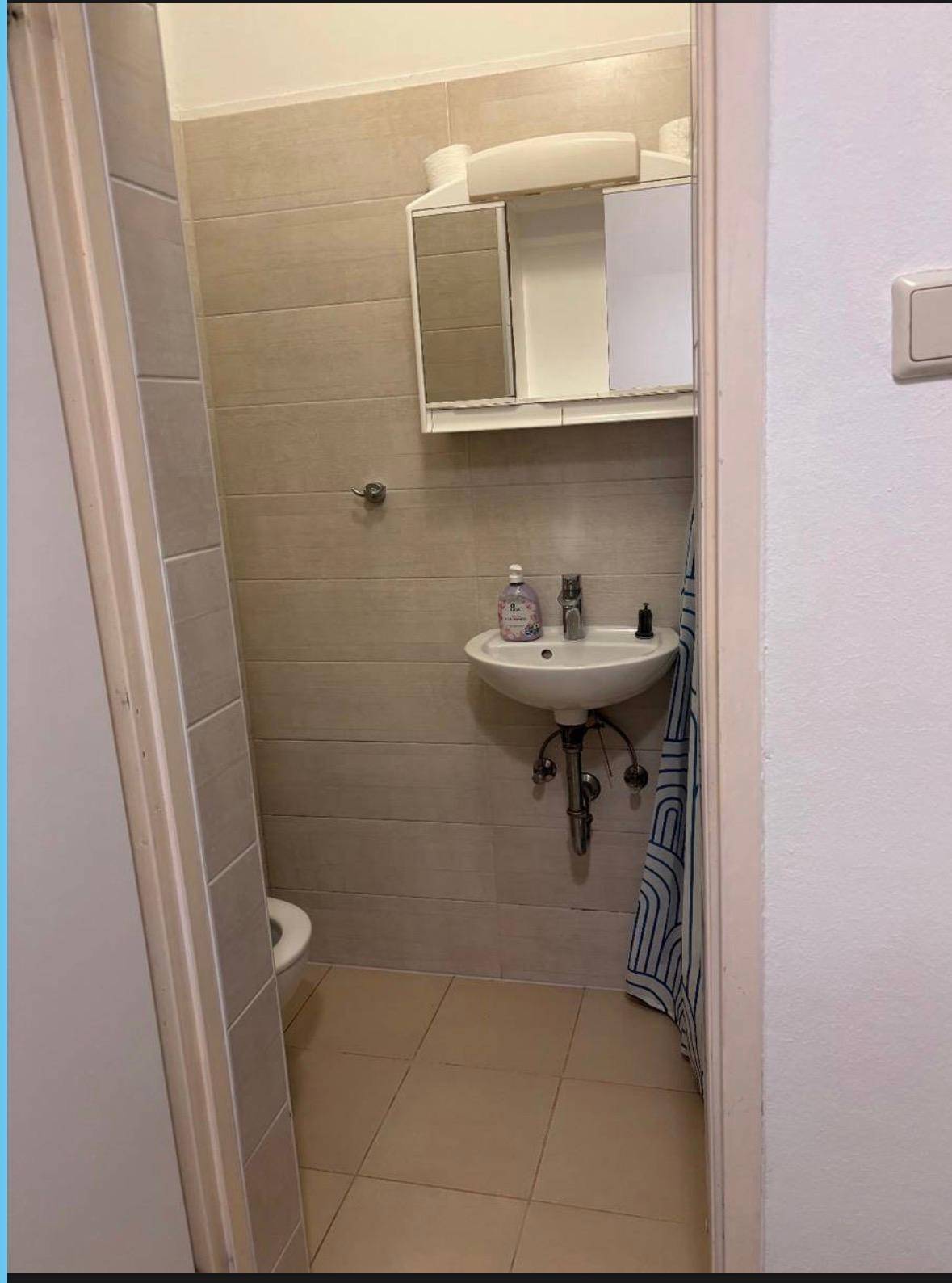 Kompaktes Badezimmer mit WC, Waschbecken und Spiegelschrank, teilweise mit Duschvorhang.