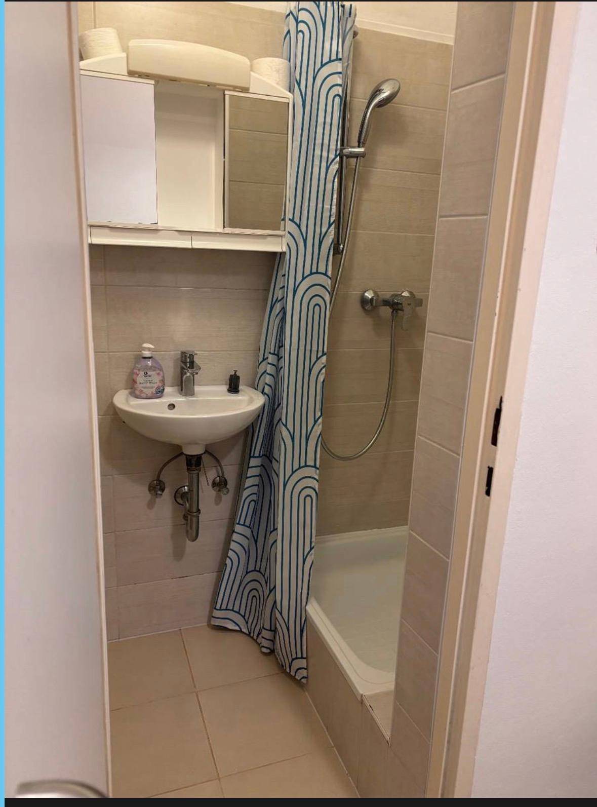 Funktionales Badezimmer mit Duschwanne, Waschbecken und Spiegelschrank.